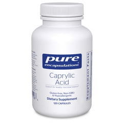Pure Encapsulations Caprylic Acid bottle label closeup for gut health support