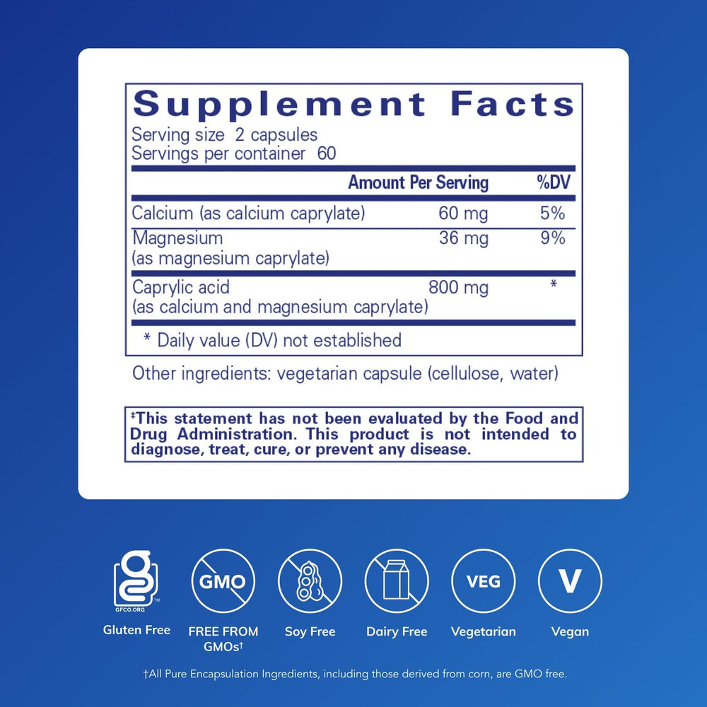 Pure Encapsulations Caprylic Acid capsules on white surface for digestive balance