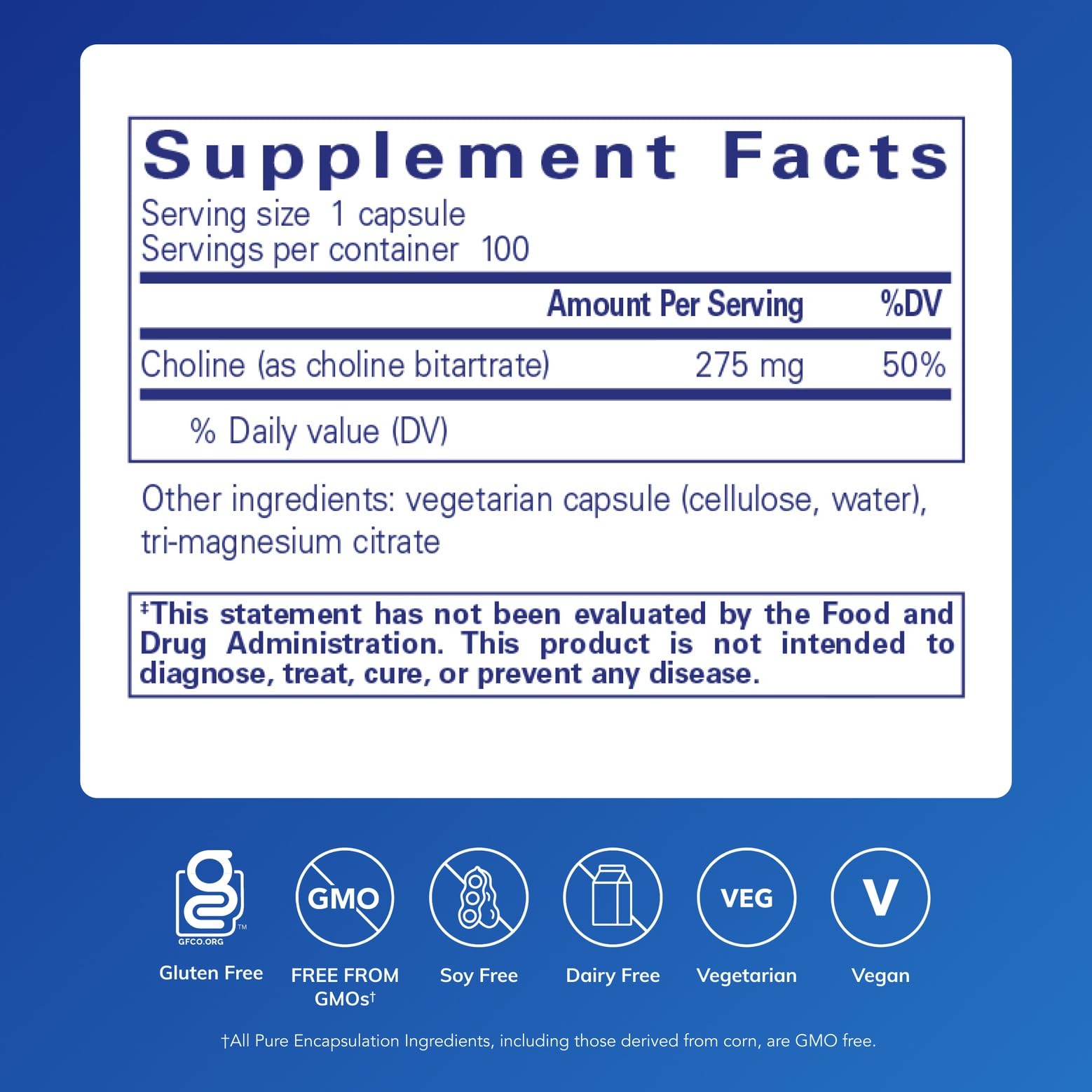 Pure Encapsulations Choline Bitartrate bottle highlights vegan, non-GMO formulation.