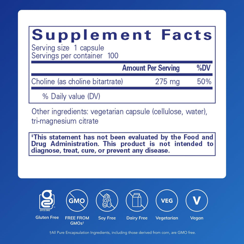 Pure Encapsulations Choline Bitartrate bottle highlights vegan, non-GMO formulation.