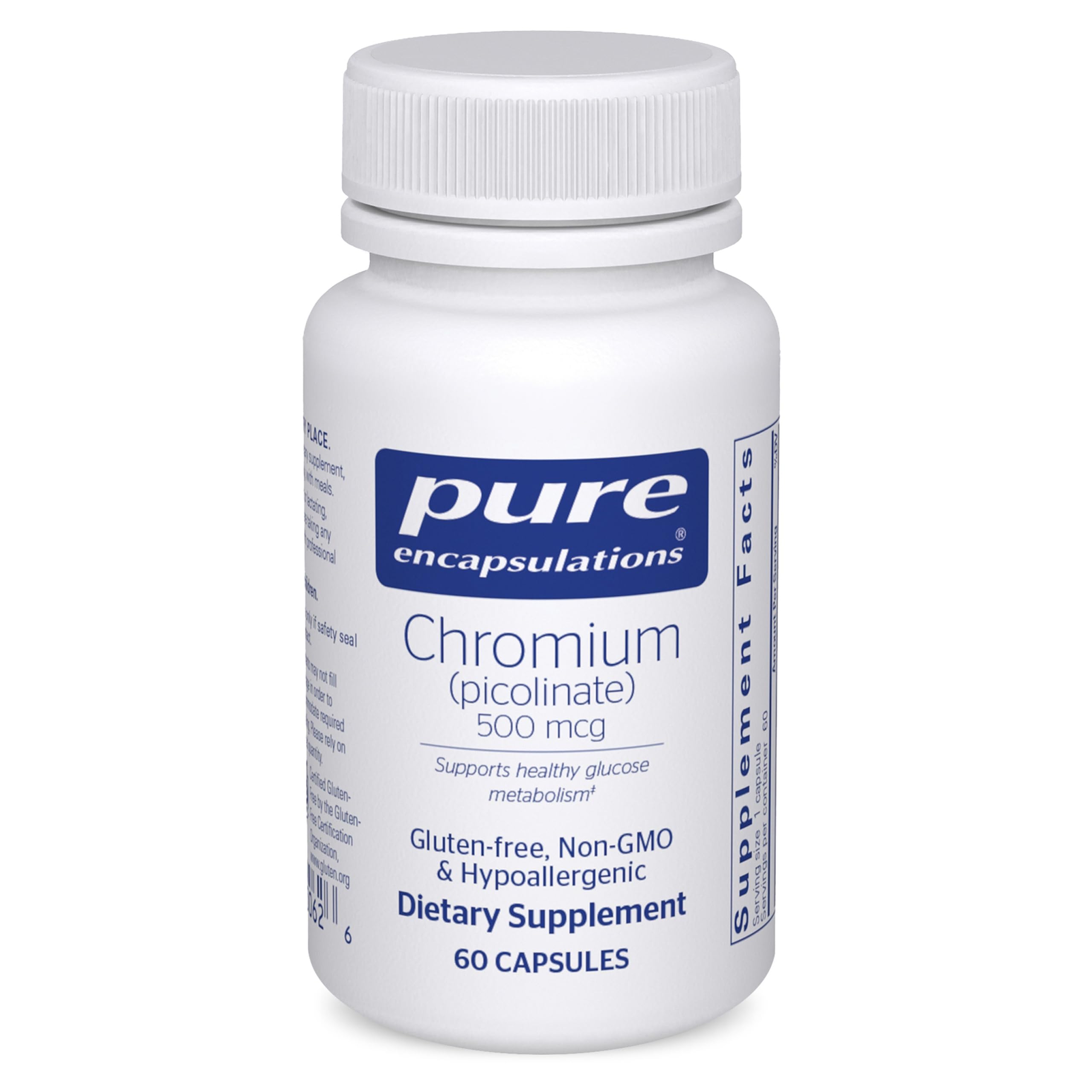Pure Encapsulations Chromium Picolinate bottle; vegan, gluten-free mineral support.