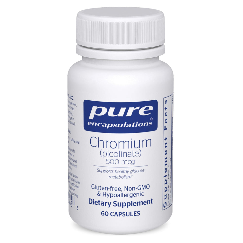 Pure Encapsulations Chromium Picolinate bottle; vegan, gluten-free mineral support.