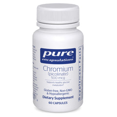 Pure Encapsulations Chromium Picolinate bottle; vegan, gluten-free mineral support.