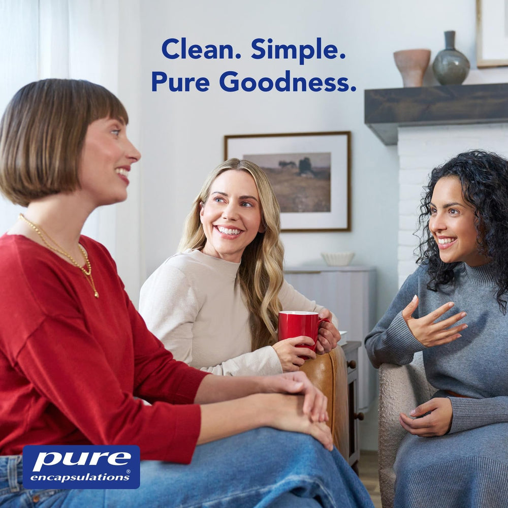 Bottle close-up shows clear allergen-free claims from Pure Encapsulations.