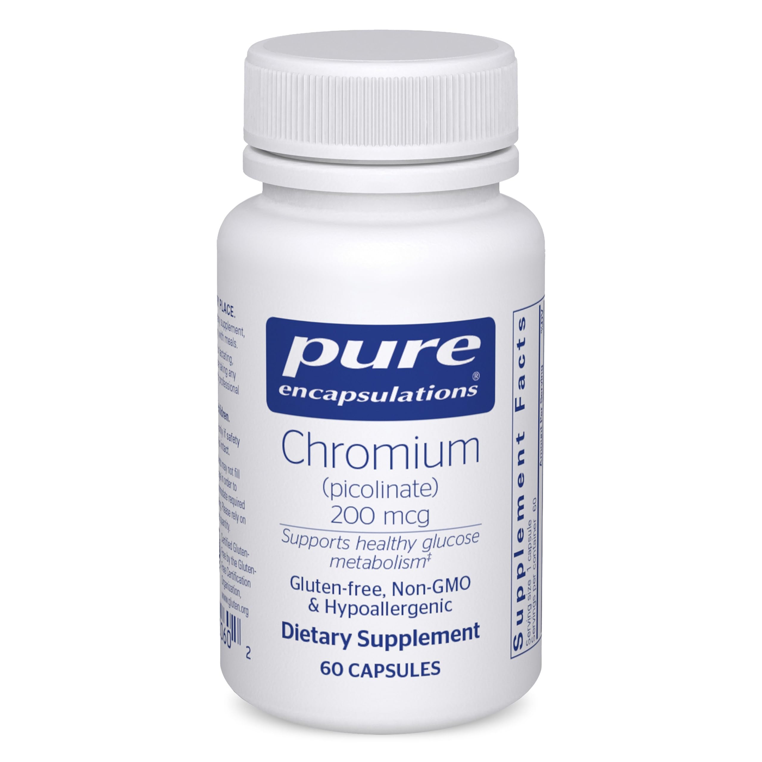 Pure Encapsulations chromium picolinate bottle showing convenient capsules for metabolism support.