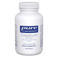 Pure Encapsulations Colostrum bottle shows 40% IgG for immune support potential.