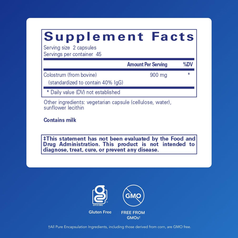 Colostrum IgG 40% label closeup highlighting purity and potency.