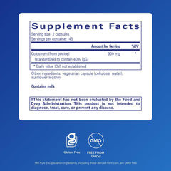 Colostrum IgG 40% label closeup highlighting purity and potency.