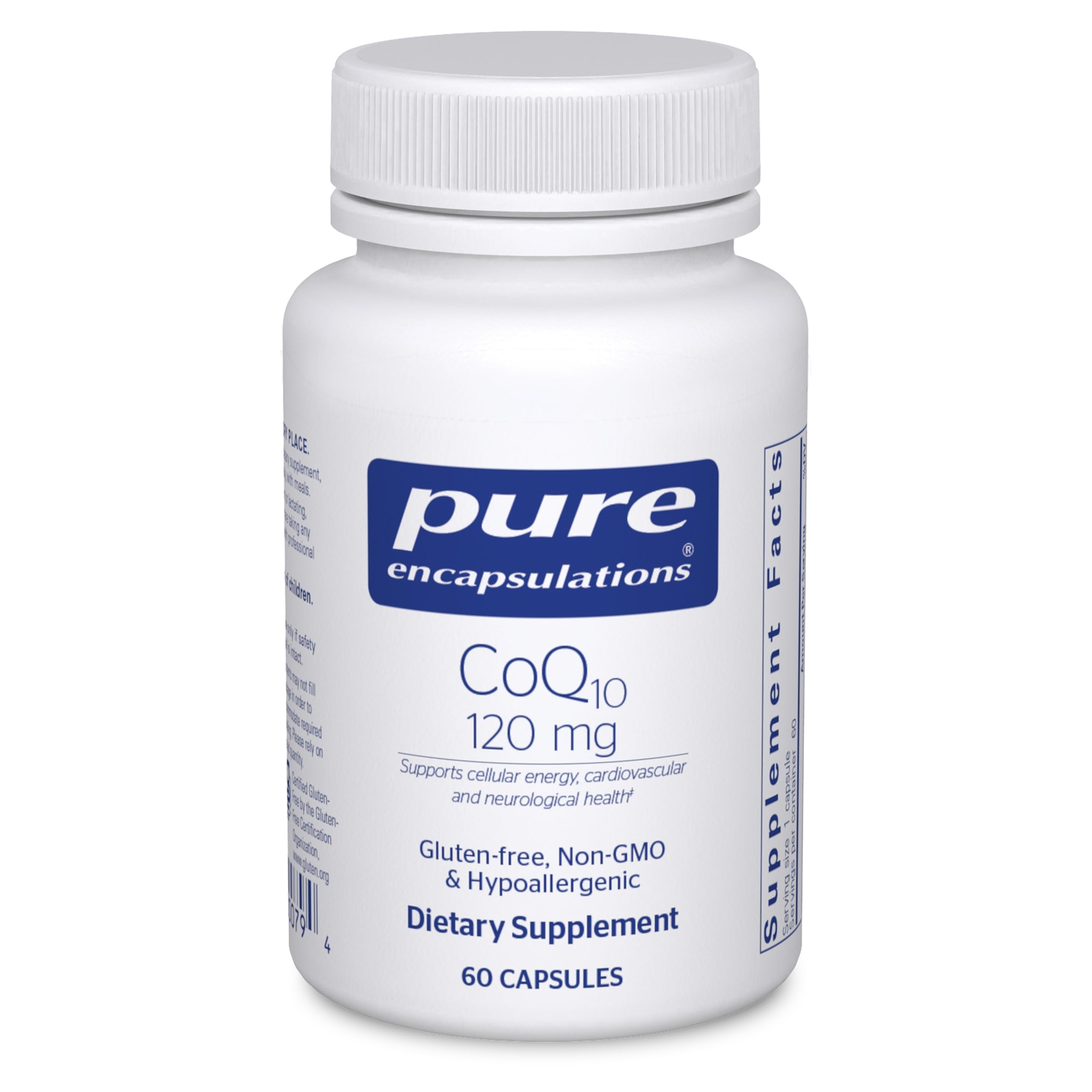 Pure Encapsulations CoQ10 120 mg bottle on shelf supporting cellular energy and heart health.