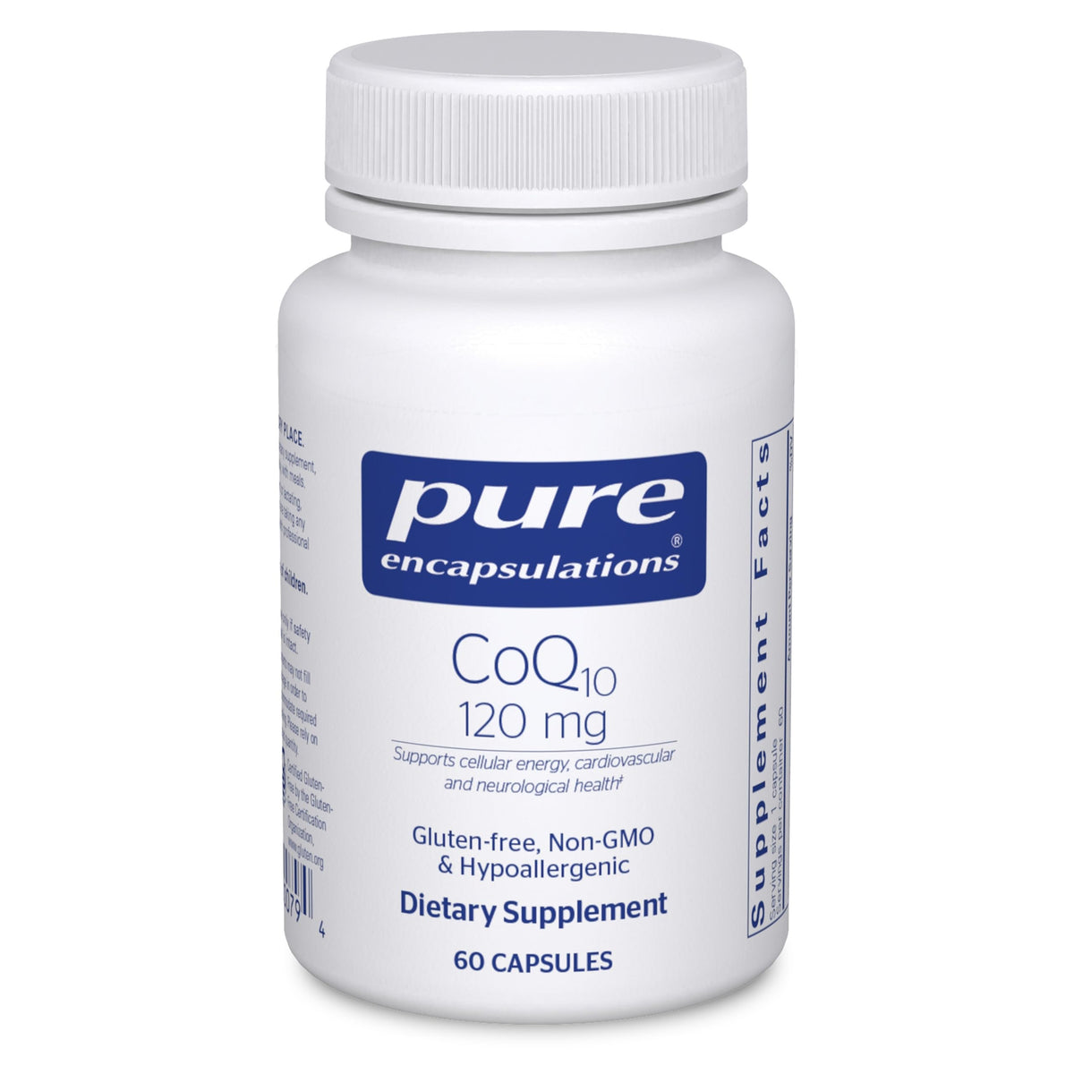 Pure Encapsulations CoQ10 120 mg bottle on shelf supporting cellular energy and heart health.