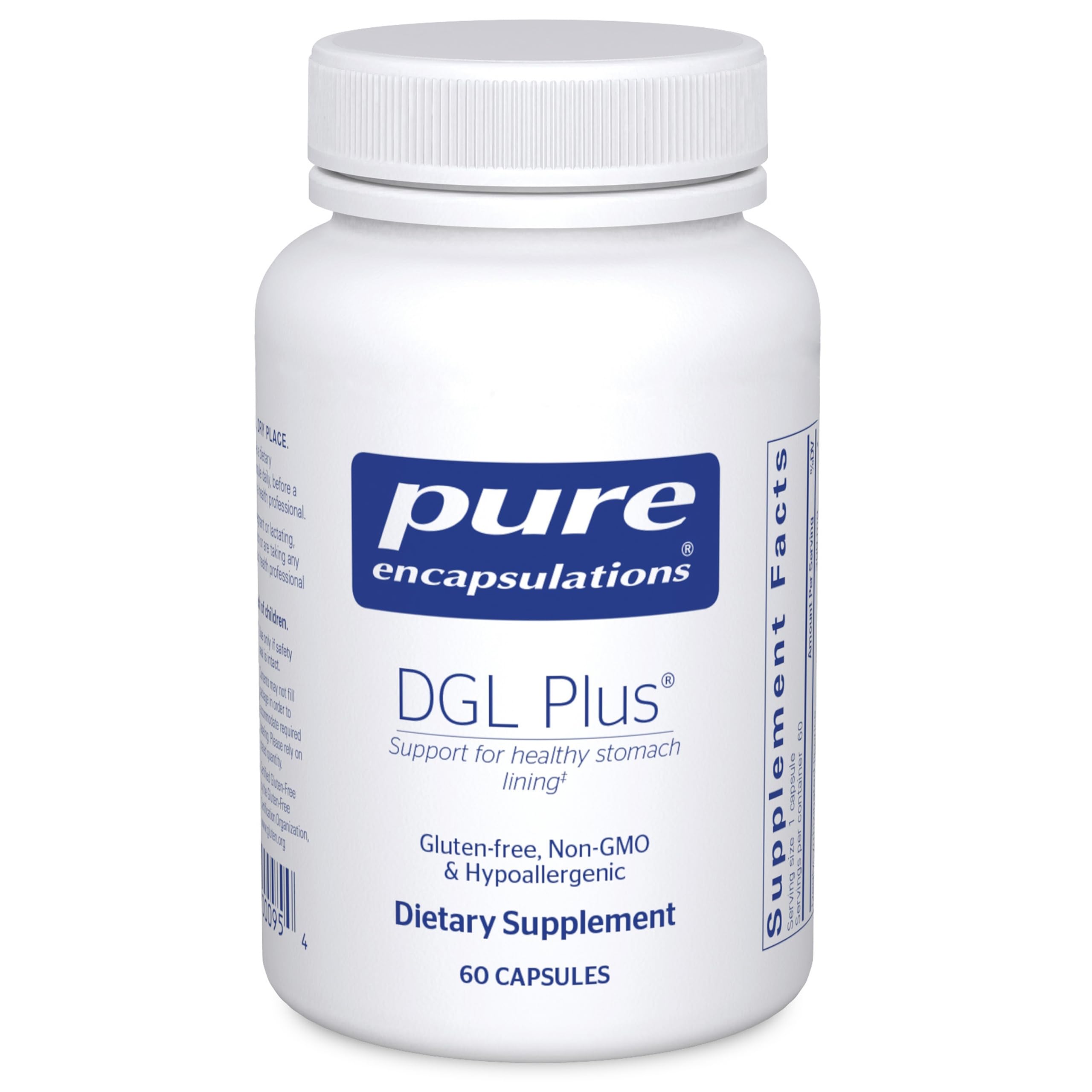 Pure Encapsulations DGL Plus bottle on a clean counter, vegan gut health support.