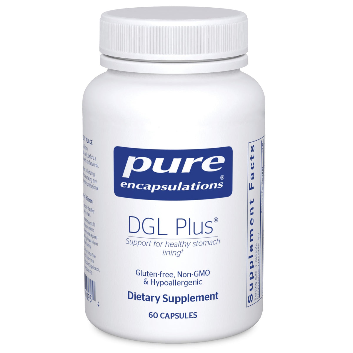 Pure Encapsulations DGL Plus bottle on a clean counter, vegan gut health support.