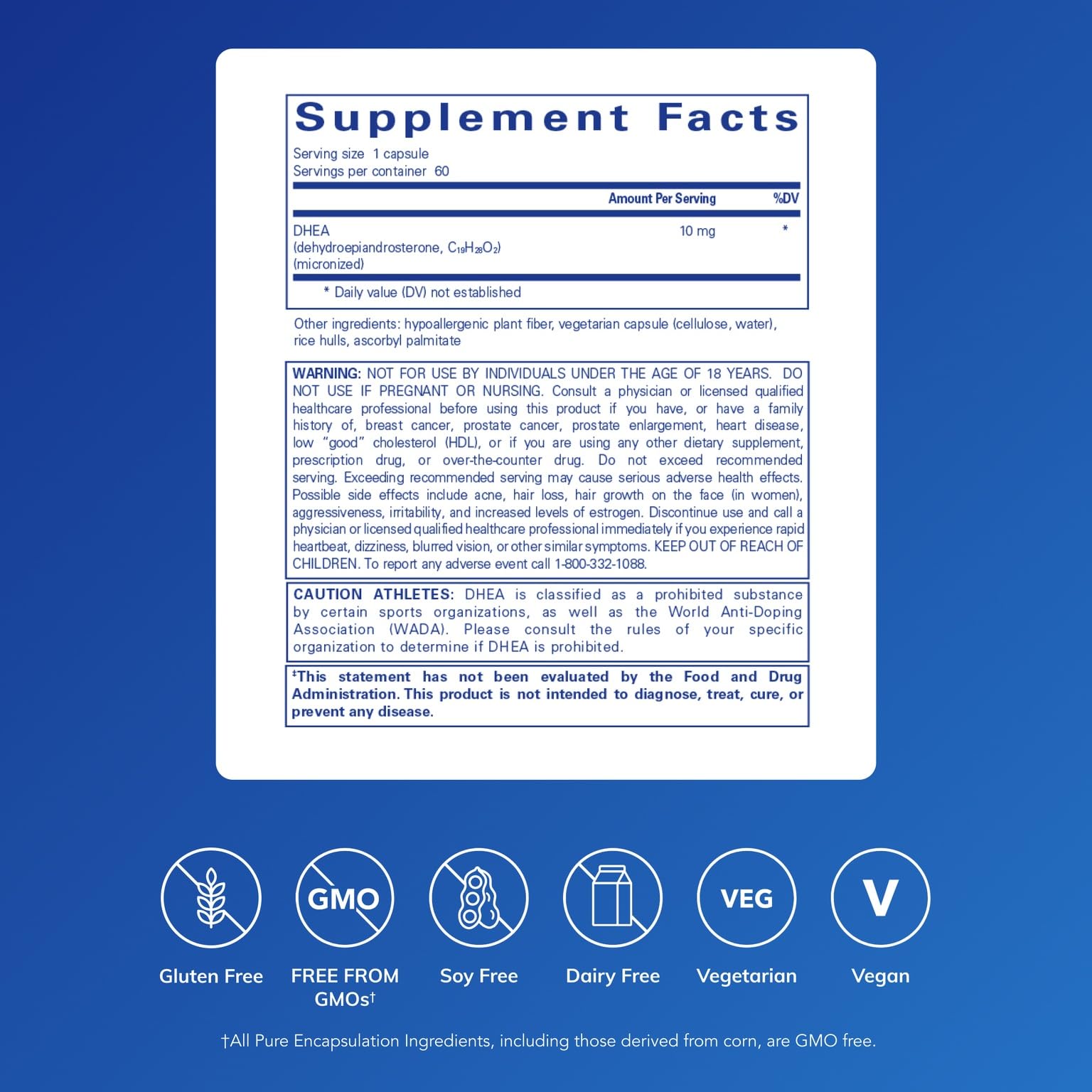 Back of Pure Encapsulations DHEA 10 mg bottle with clean ingredient list and allergen free profile