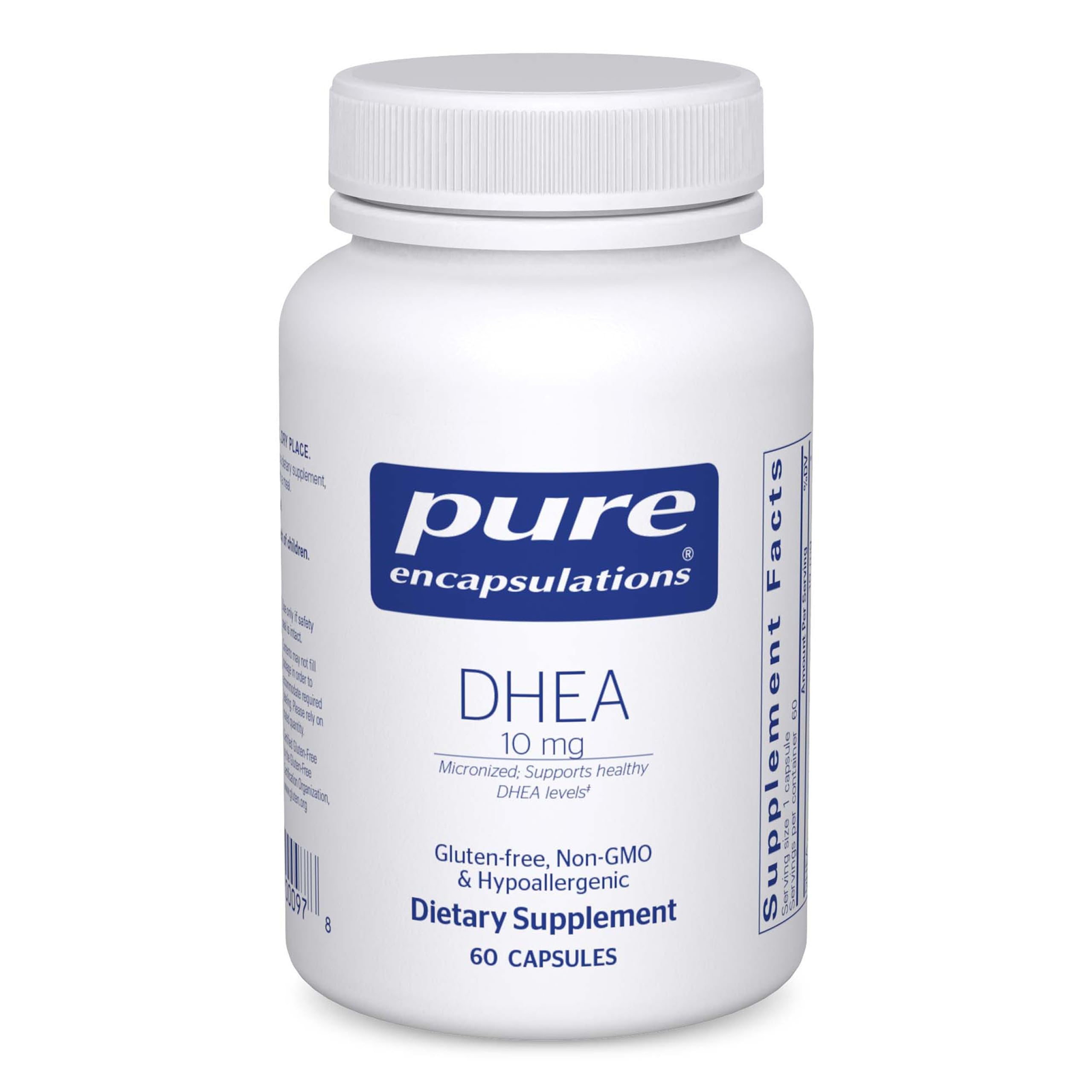 Pure Encapsulations DHEA 10 mg bottle front for easy daily dosing and adrenal support