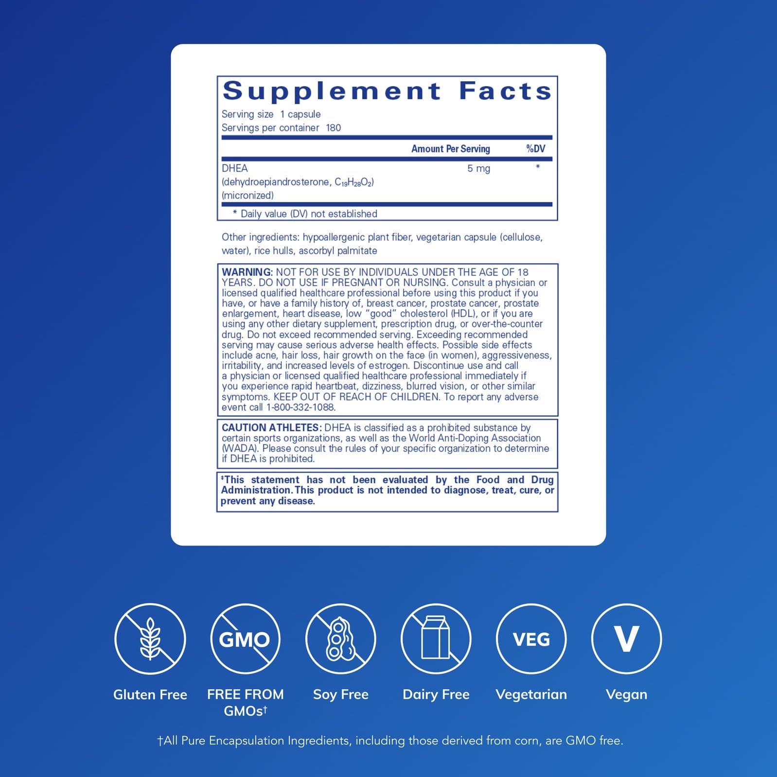Pure Encapsulations DHEA 5 mg bottle with capsules for daily immune and hormonal support.