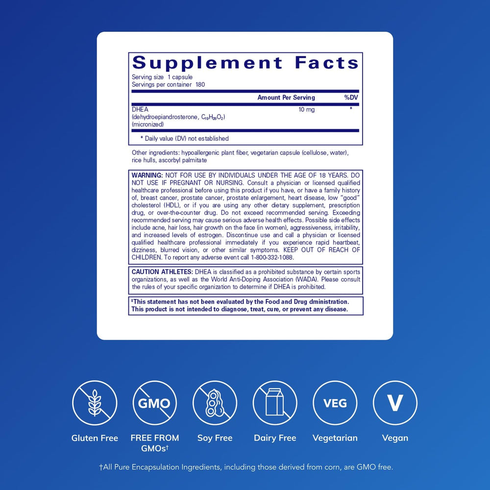 Pure Encapsulations DHEA capsules close-up highlighting micronized form for better absorption.