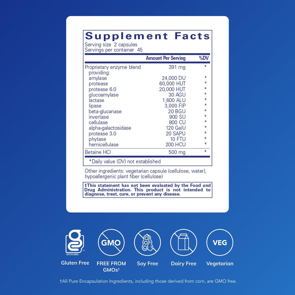Pure Encapsulations Digestive Enzymes Ultra label close-up with ingredients and Betaine HCl