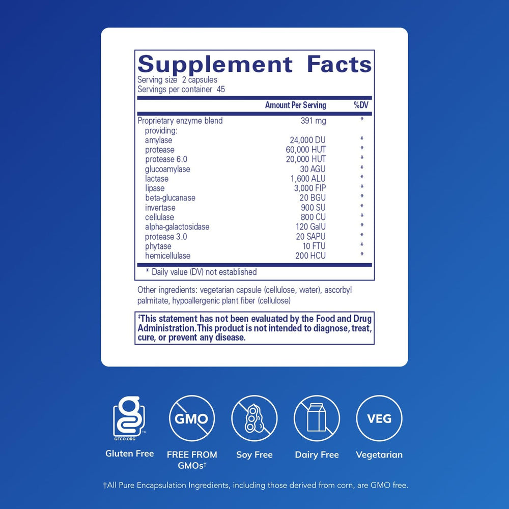 Pure Encapsulations Digestive Enzymes Ultra front label highlights vegetarian blend and dairy digestion support