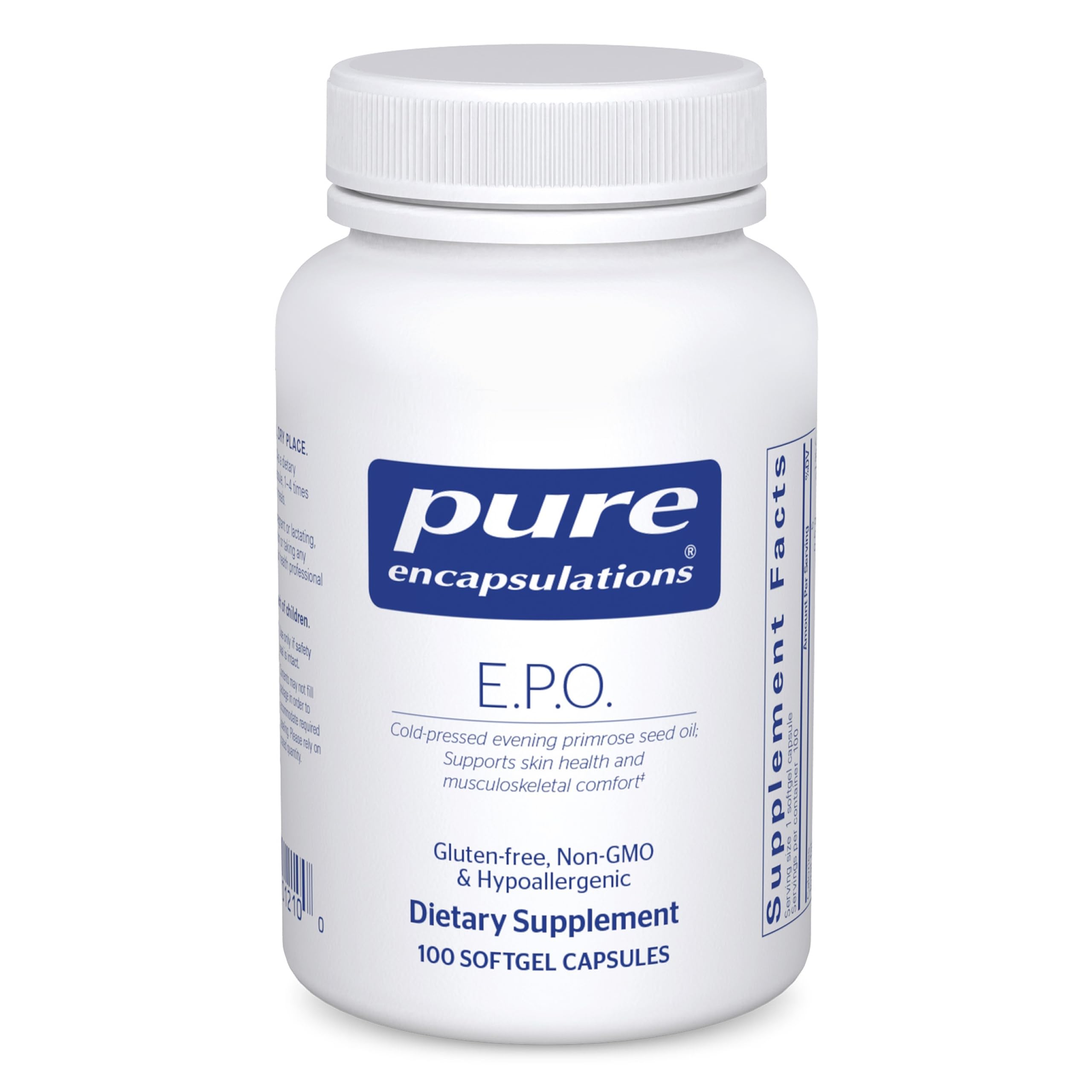Pure Encapsulations E.P.O. bottle with 100 softgels for daily skin support.