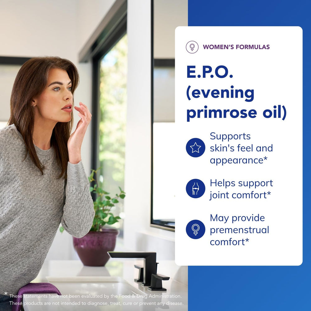 E.P.O. label graphic highlights 9% GLA and hypoallergenic formula.
