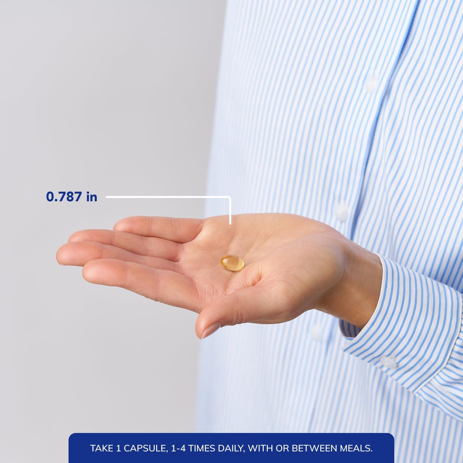 Softgel close-up shows smooth texture and easy swallowing.