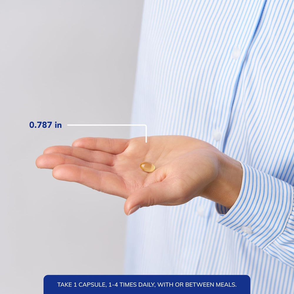 Softgel close-up shows smooth texture and easy swallowing.