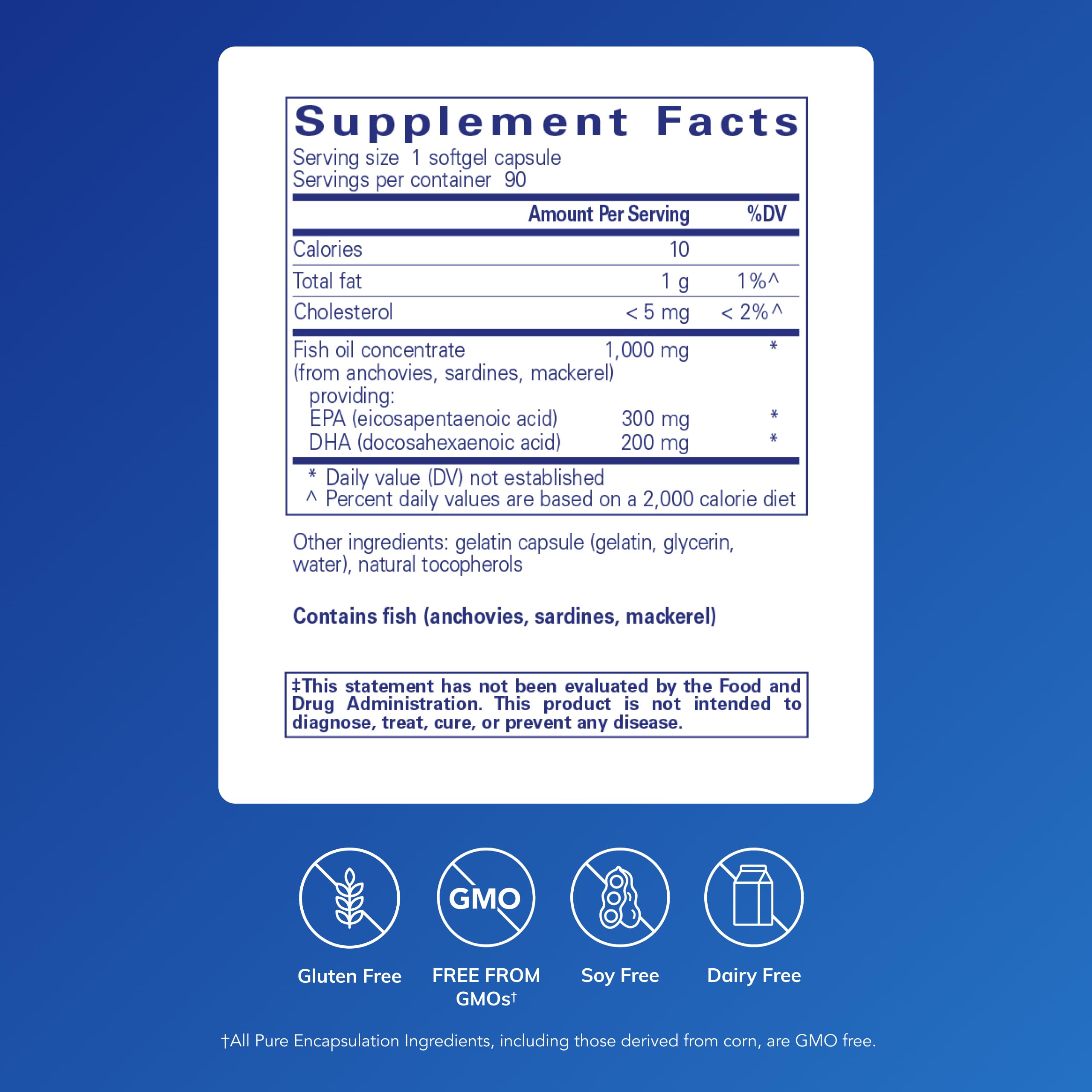 Pure Encapsulations EPA/DHA Essentials bottle label closeup highlights high-purity omega-3 ingredients.