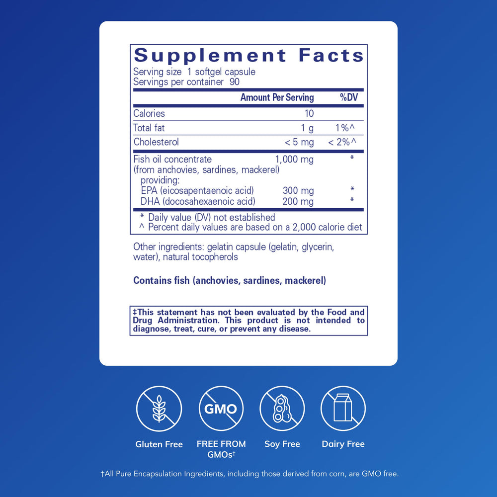 Pure Encapsulations EPA/DHA Essentials bottle label closeup highlights high-purity omega-3 ingredients.