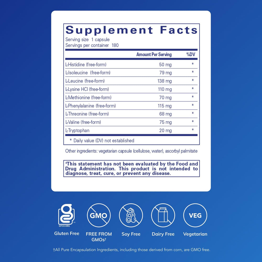 Pure Encapsulations Essential Amino Acids capsules closeup support daily muscle and brain health