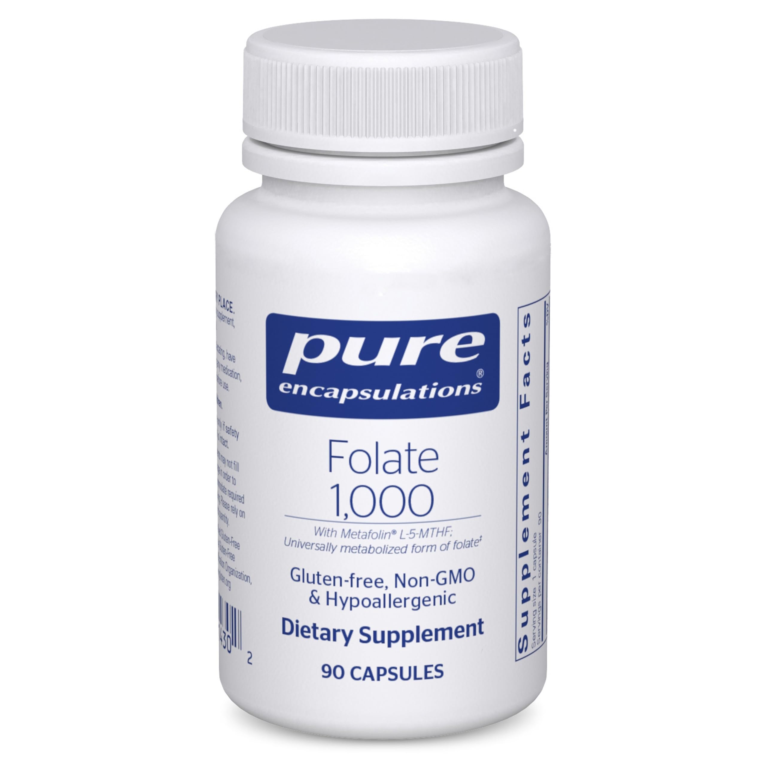 Pure Encapsulations Folate 1000 L-5-MTHF bottle with clear label for heart-support nutrition