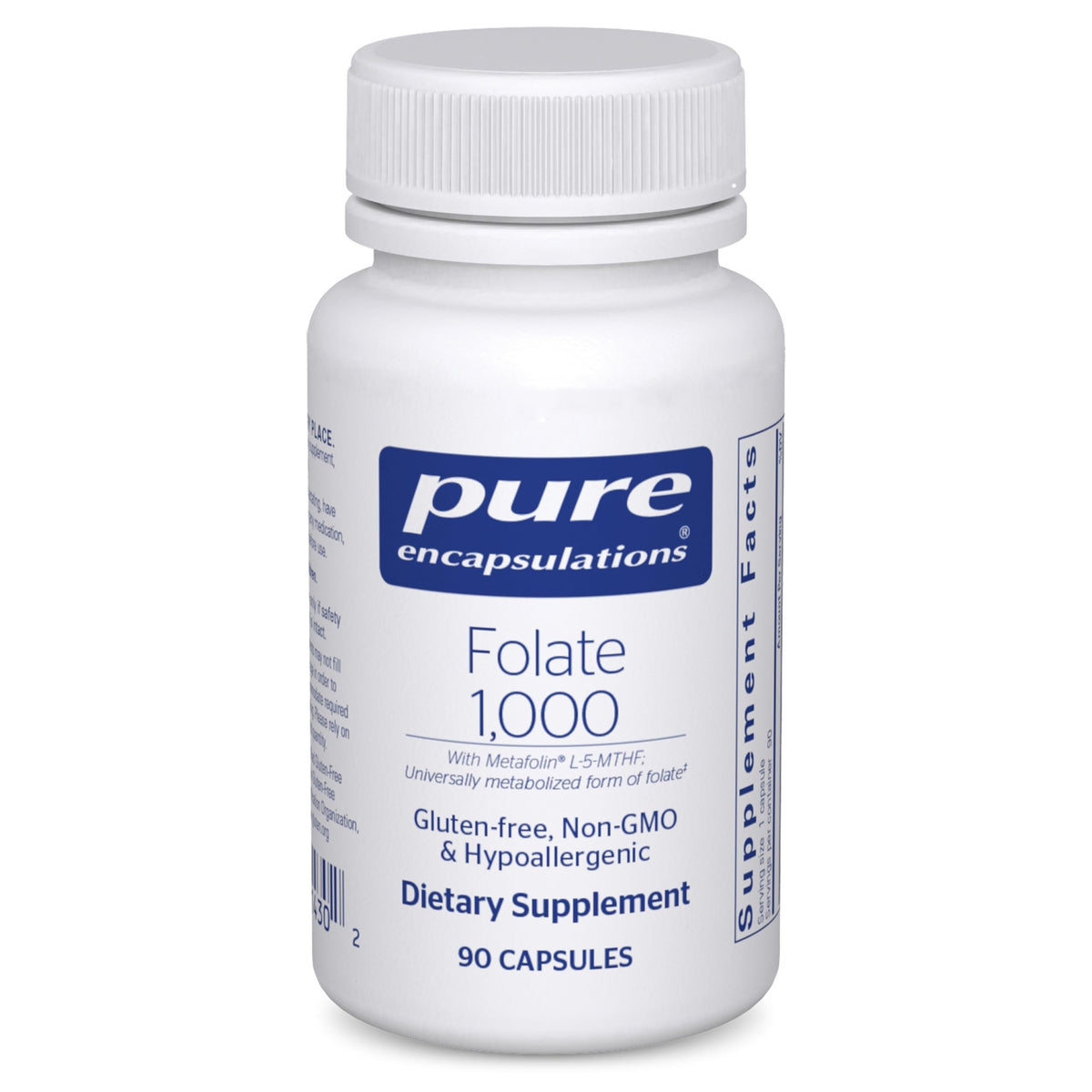 Pure Encapsulations Folate 1000 L-5-MTHF bottle with clear label for heart-support nutrition
