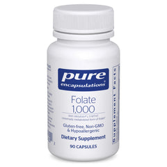 Pure Encapsulations Folate 1000 L-5-MTHF bottle with clear label for heart-support nutrition