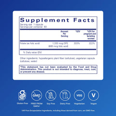 Pure Encapsulations Folic Acid bottle back view with allergen-free ingredients and dosage details.