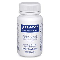 Pure Encapsulations Folic Acid bottle front view illustrating hypoallergenic formula for daily use.