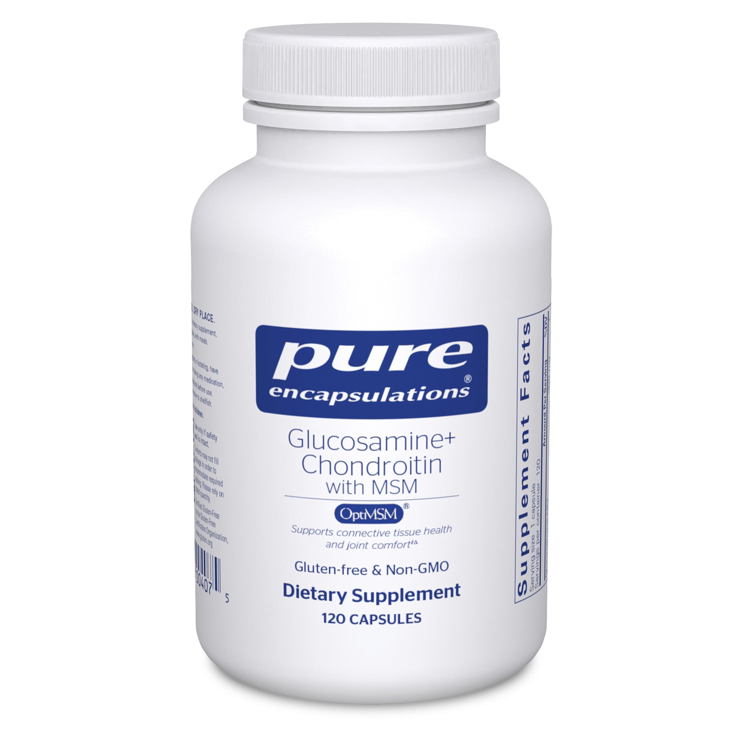 Pure Encapsulations Glucosamine Chondroitin with MSM bottle front for joint comfort.
