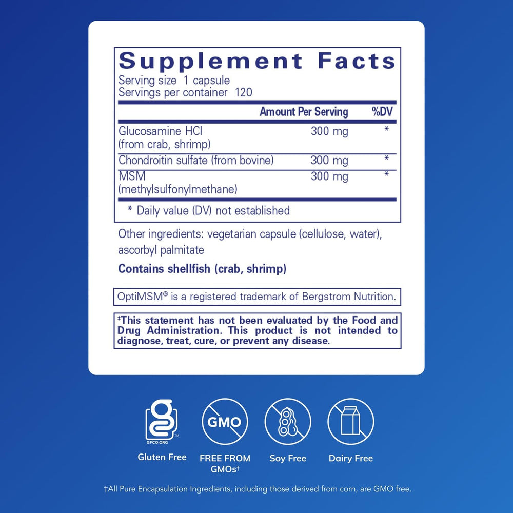 Pure Encapsulations capsules close-up highlighting 300 mg blends for cartilage support.
