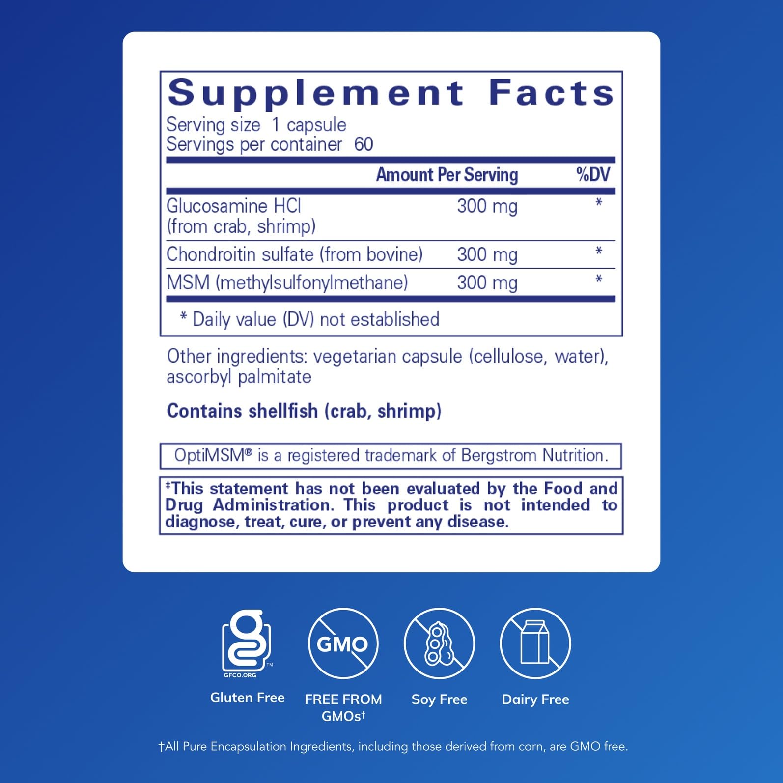 Capsules show 300 mg dosage for glucosamine and MSM use