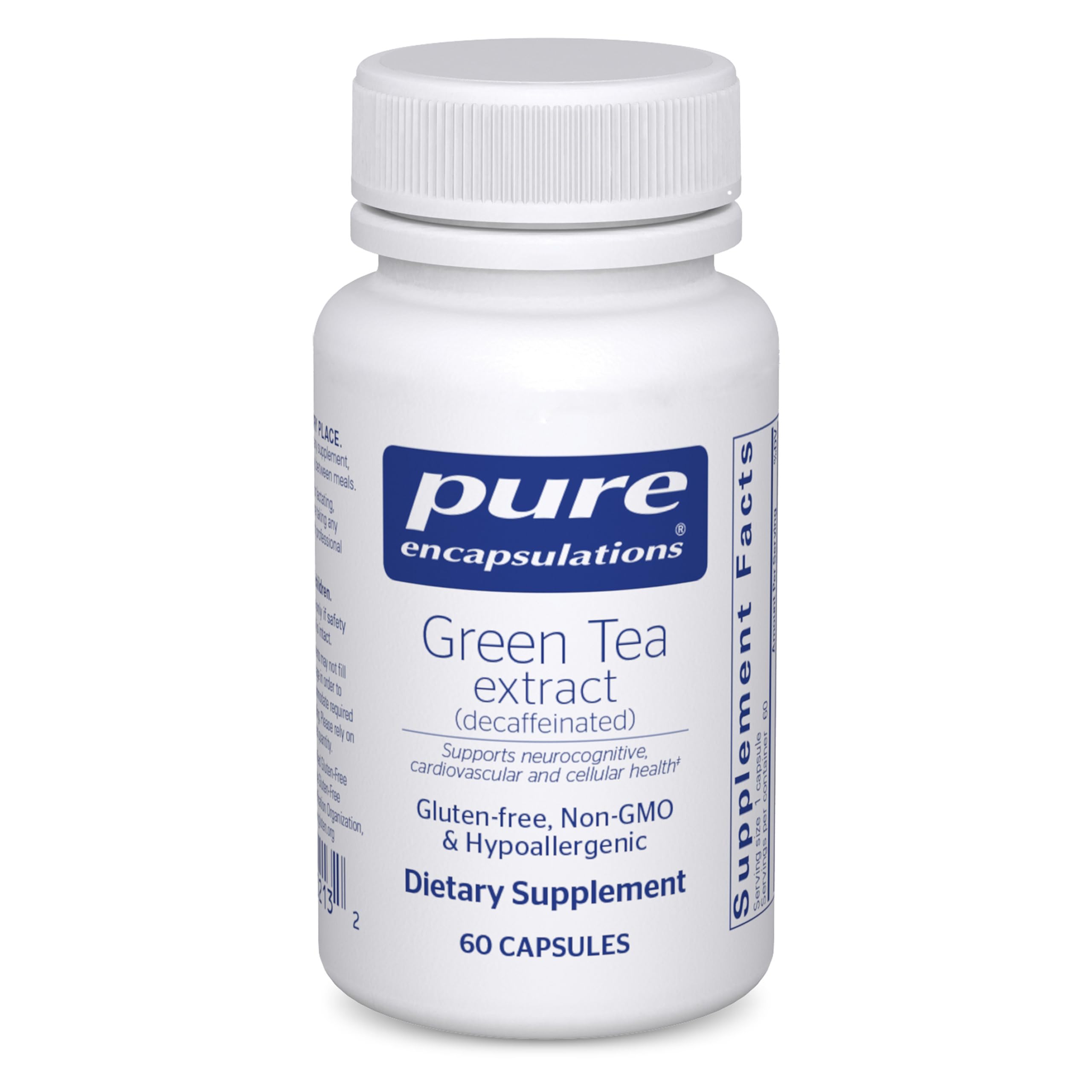 Pure Encapsulations Green Tea Extract Decaf bottle for convenient daily antioxidant support.
