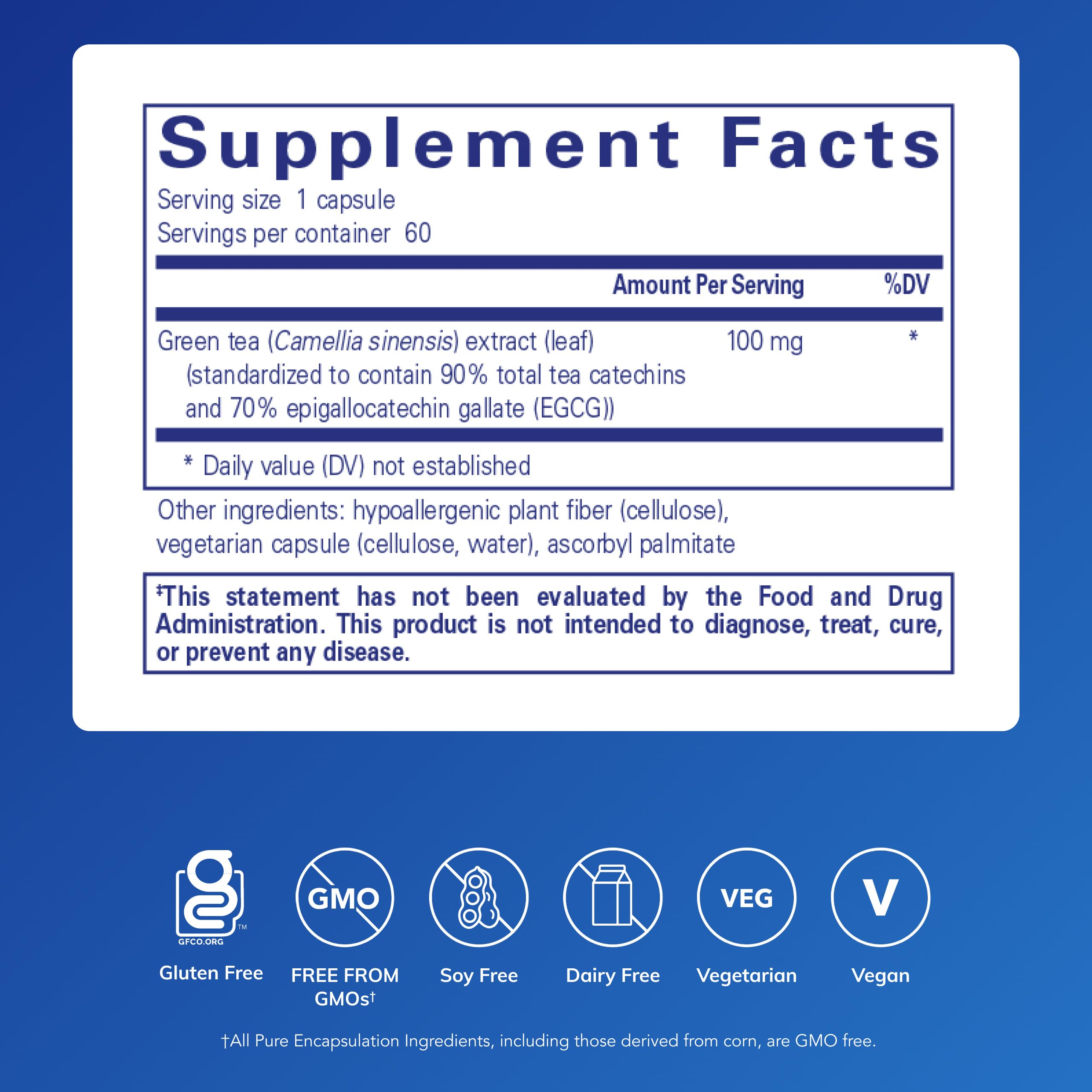 Pure Encapsulations Green Tea Extract Decaf capsules highlight easy dosing.