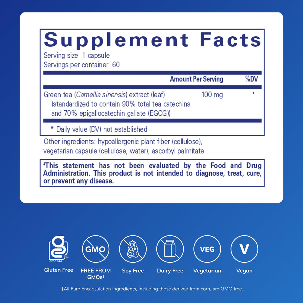 Pure Encapsulations Green Tea Extract Decaf capsules highlight easy dosing.