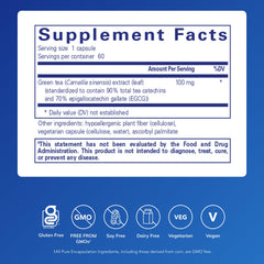 Pure Encapsulations Green Tea Extract Decaf capsules highlight easy dosing.
