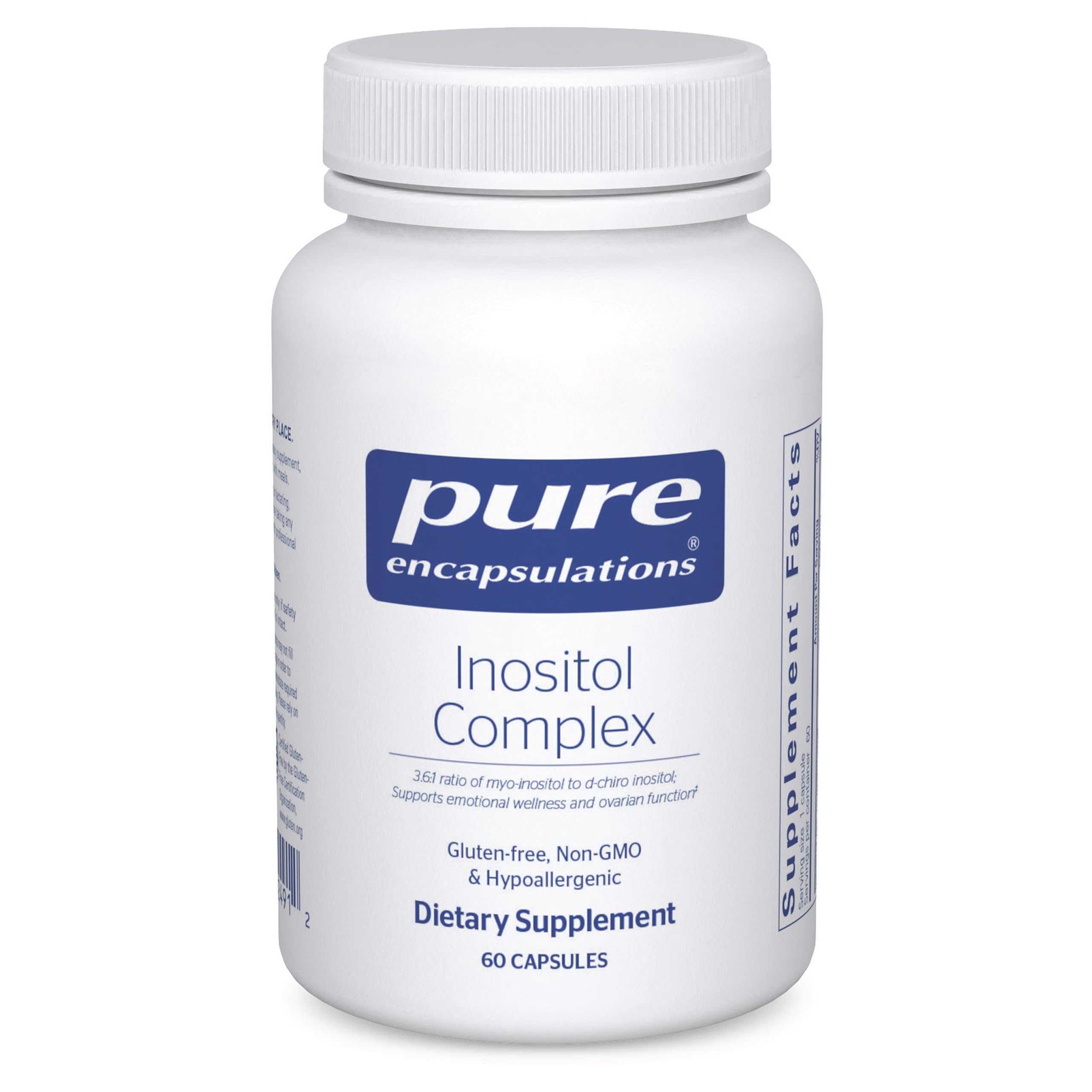 Pure Encapsulations Inositol Complex bottle front view indicating a clean formulation for energy and metabolism