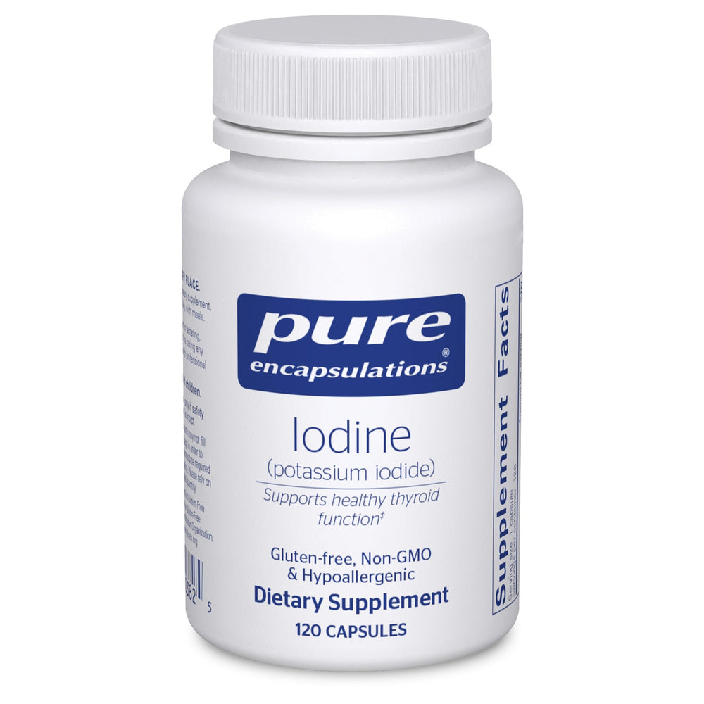 Pure Encapsulations Iodine capsule closeup for thyroid support and cellular metabolism.