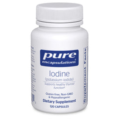Pure Encapsulations Iodine capsule closeup for thyroid support and cellular metabolism.