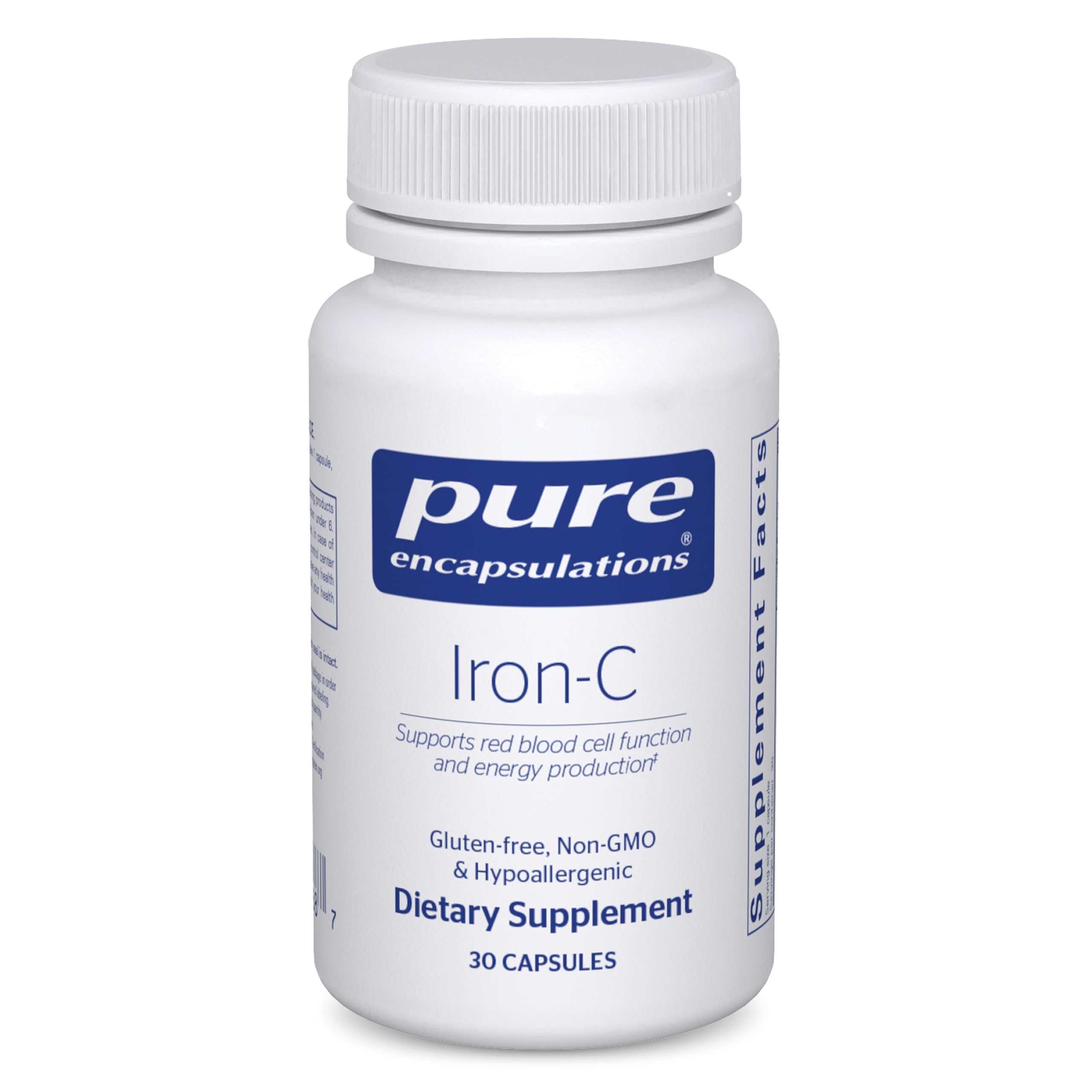 Pure Encapsulations Iron-C bottle front showing vegan iron supplement for energy support
