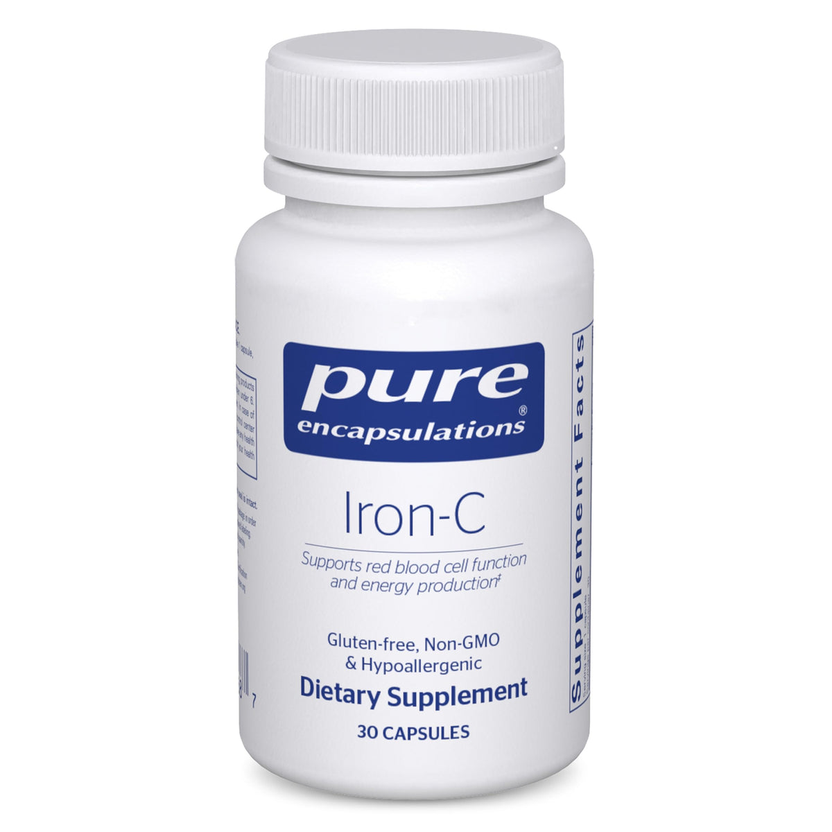 Pure Encapsulations Iron-C bottle front showing vegan iron supplement for energy support