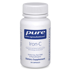 Pure Encapsulations Iron-C bottle front showing vegan iron supplement for energy support
