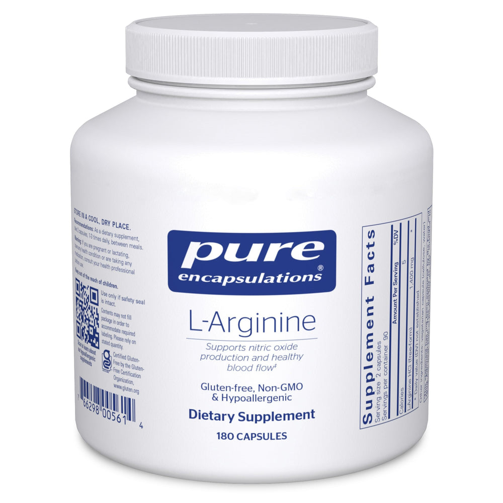Pure Encapsulations L-Arginine bottle front shows a trusted heart health supplement for daily use.