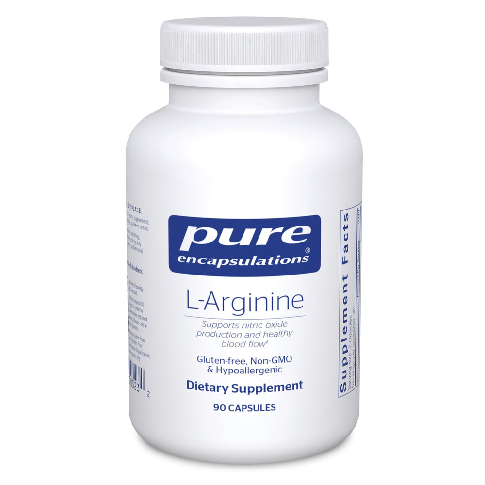 Pure Encapsulations L-Arginine bottle front shows potential circulation support.