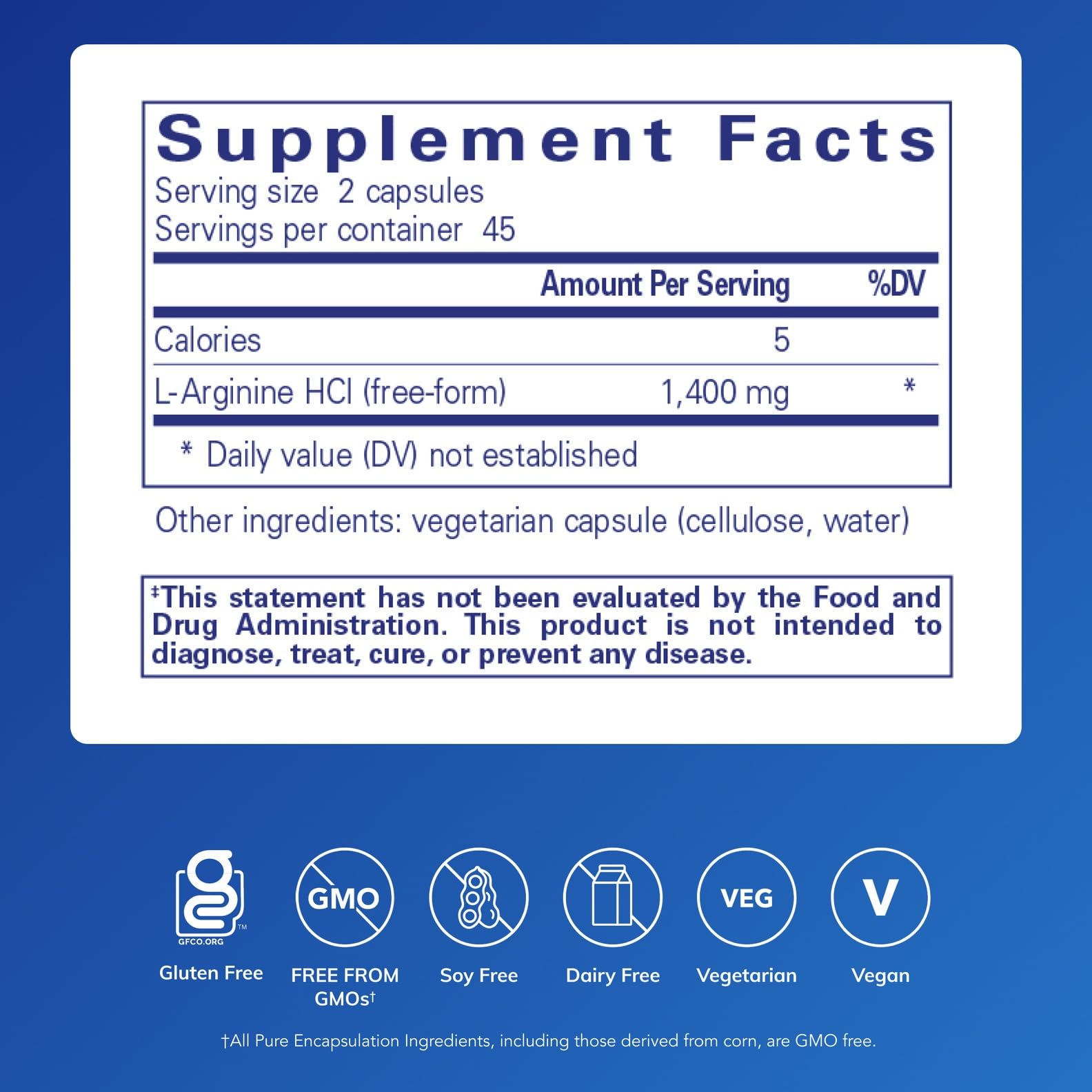 Pure Encapsulations L-Arginine capsules close-up highlighting free-form amino acid supplementation.